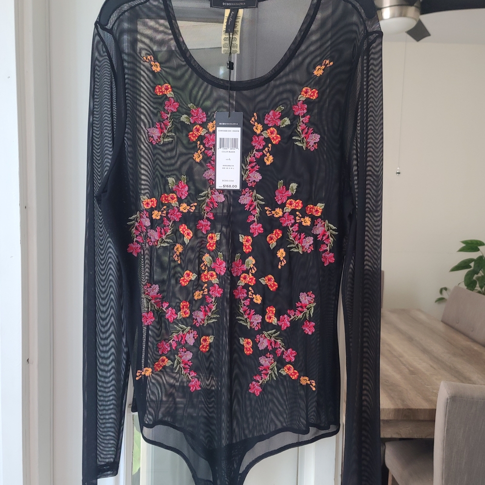 BCBGMaxAzria Black Floral Embroidered Bodysuit